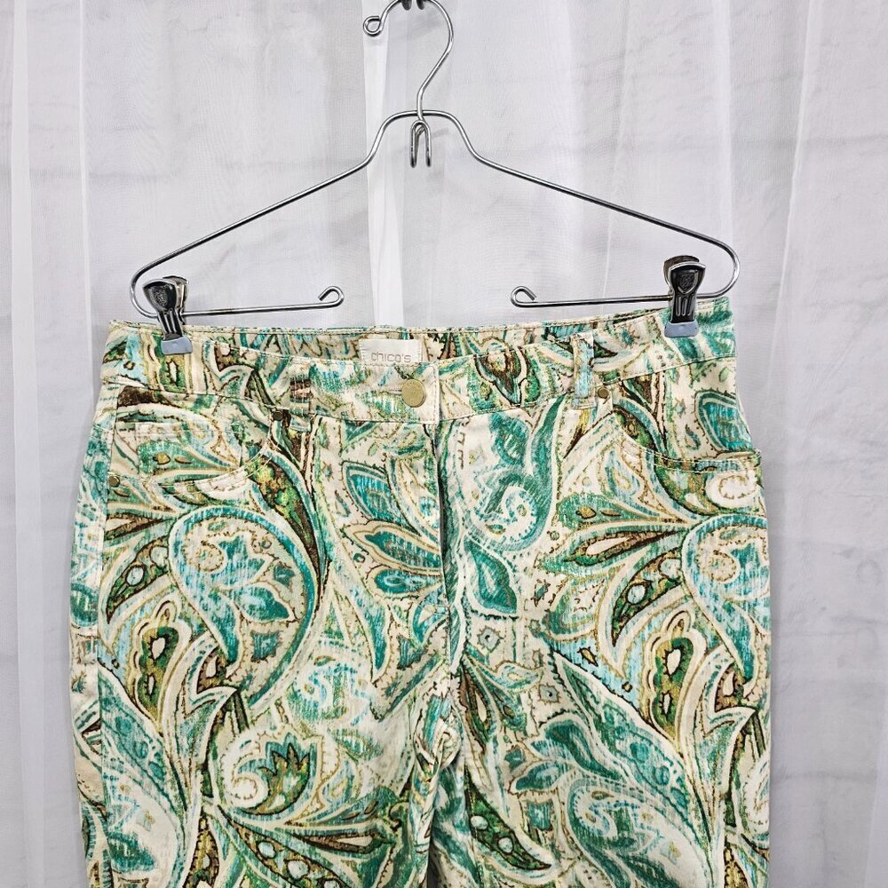 Chico's Pants Green Paisley Festival Boho Summer Grunge Crop Straight 1 (M/8) - Picture 3 of 14